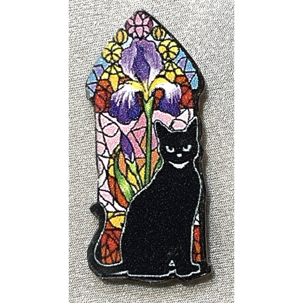 NWOT Black Cat Brooch Lapel Pin Acrylic Stained Glass Floral Rose Mosaic Art 2D